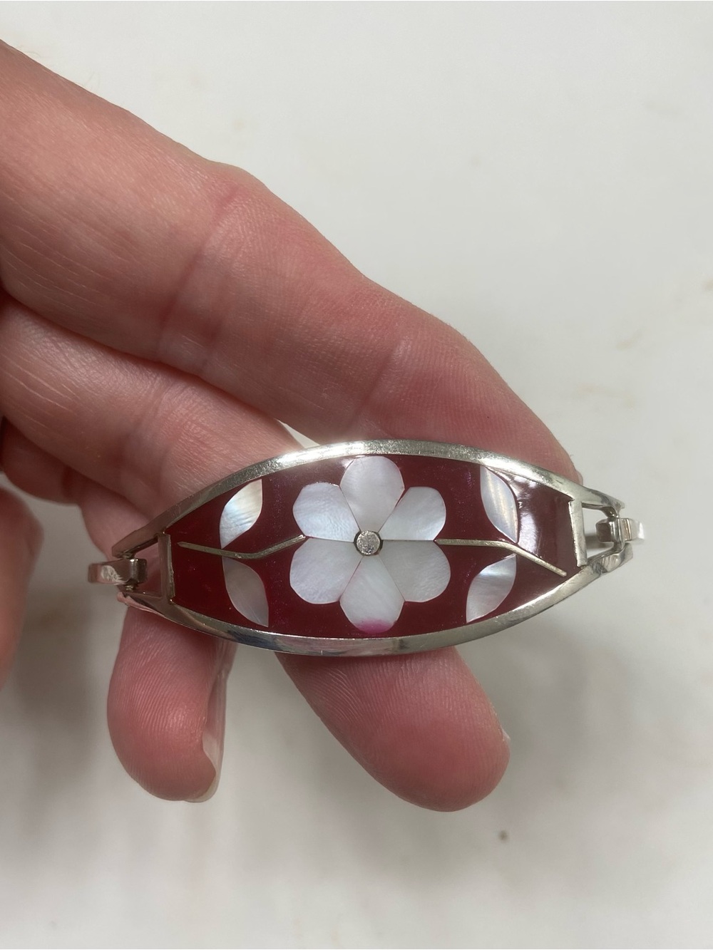 Vintage Alpaca Mexico Mother of Pearl Floral Hinged Bangle Bracelet Red Enamel